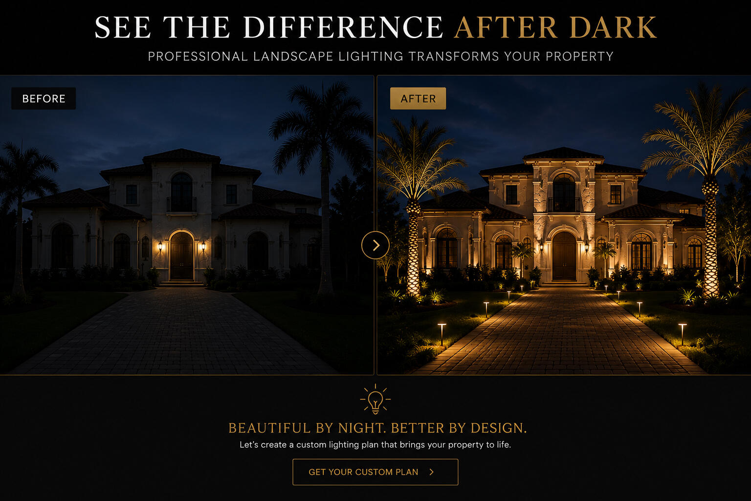 Before and after landscape lighting
